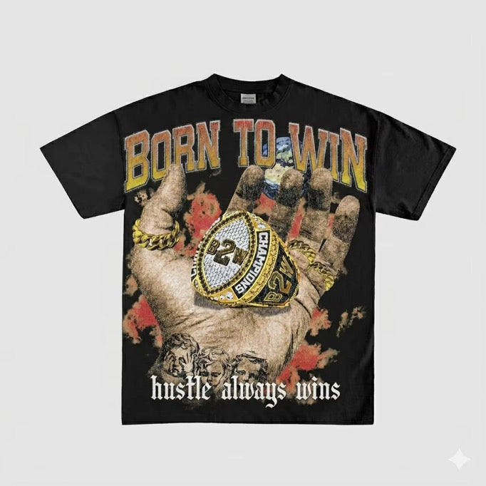 Championship Ring Graphic Oversized T-Shirt – Hustle Always Wins Streetwear Tee