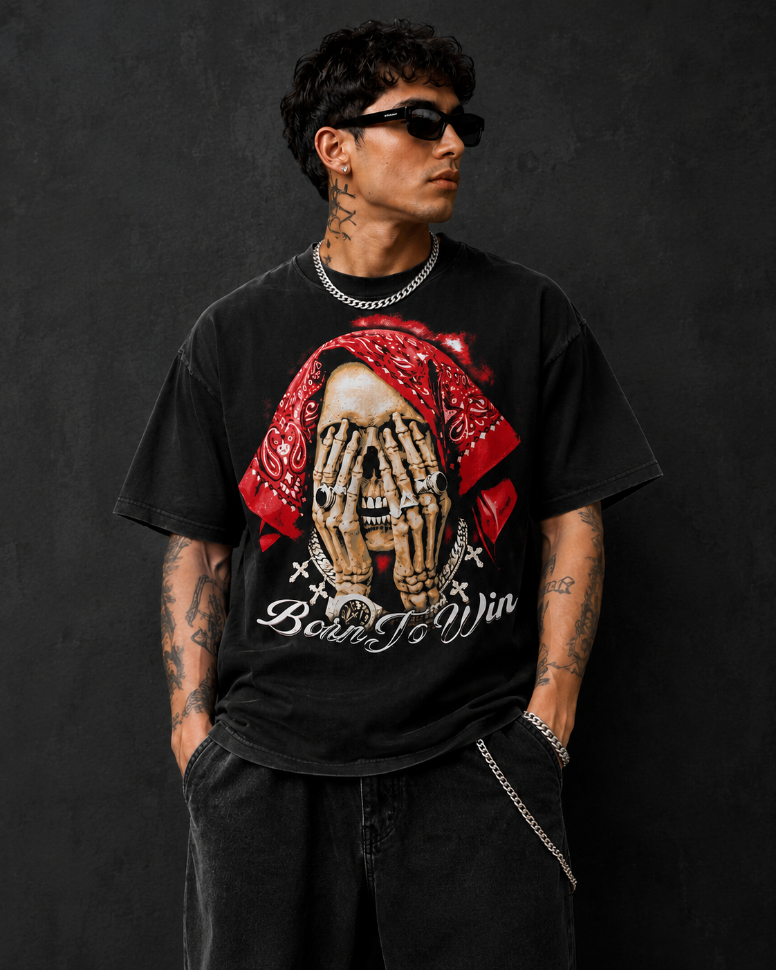 Bandana Skeleton Graphic Oversized T-Shirt – Red Edition