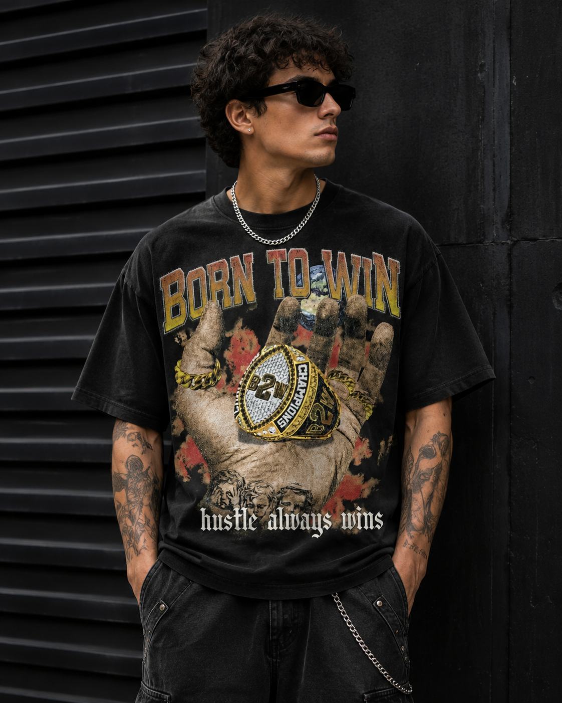 Championship Ring Graphic Oversized T-Shirt – Hustle Always Wins Streetwear Tee