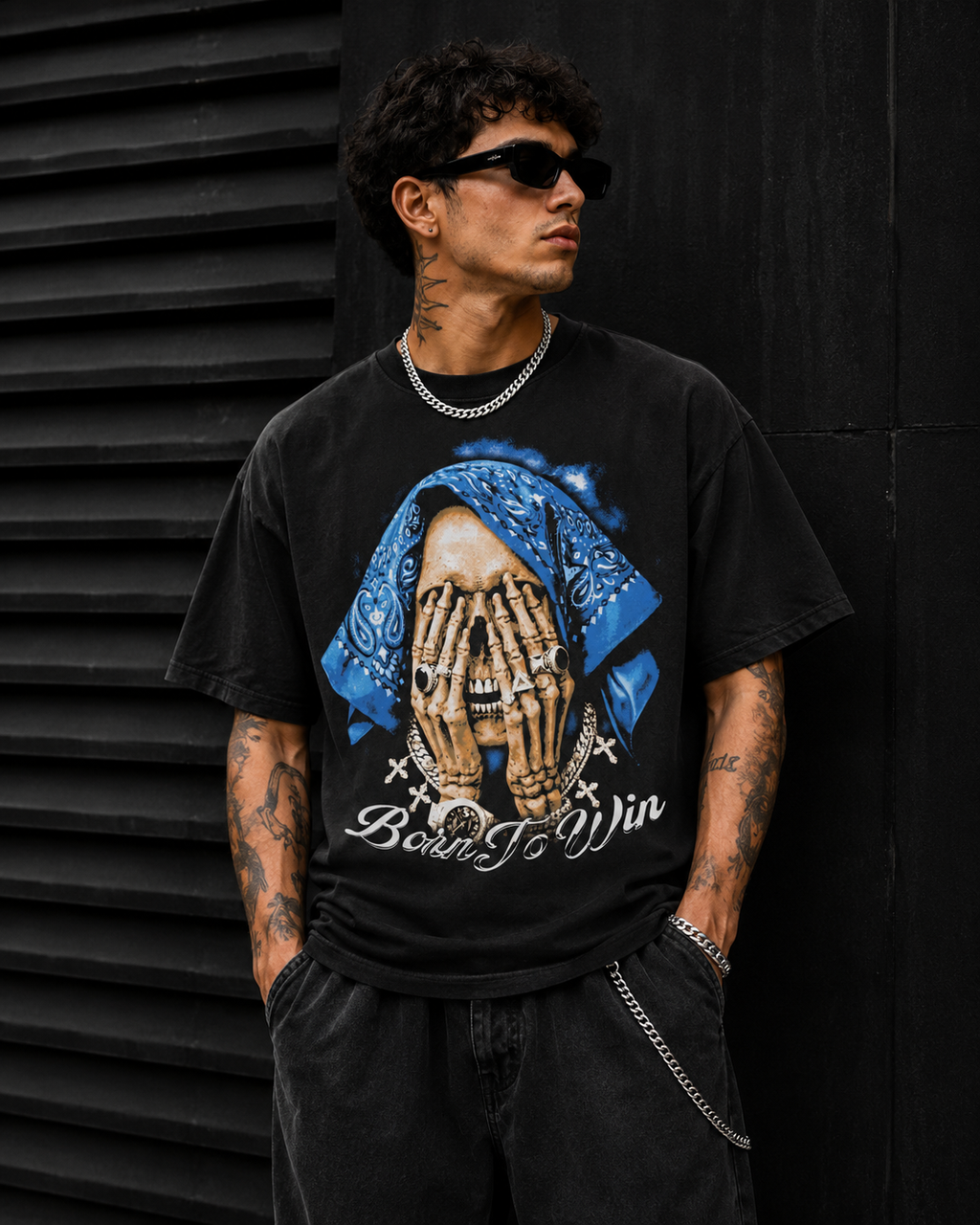 bandana Skeleton Graphic Oversized T-Shirt – Blue Edition